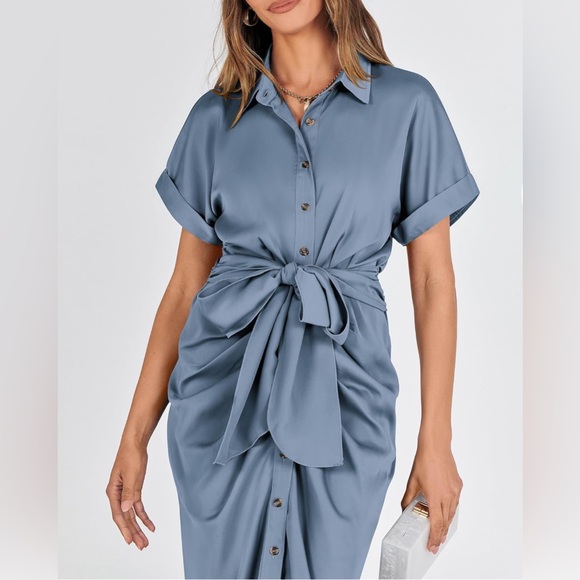 Silver Short Sleeve Ruched Shirt Dress - Picture 5 of 5